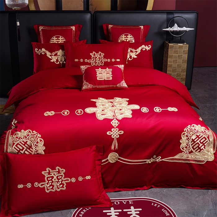 91家纺网 家纺一手货源 找家纺 用心 2025新款婚庆全棉刺绣四件套多件套系列喜上添花