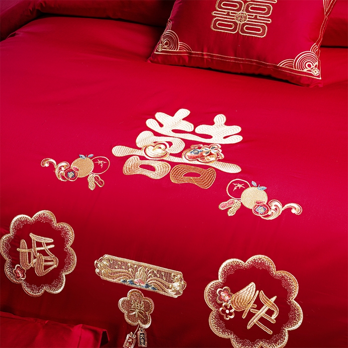 91家纺网 家纺一手货源 找家纺 用心 2025新款婚庆全棉刺绣四件套多件套系列新婚快乐
