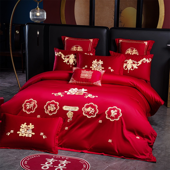 91家纺网 家纺一手货源 找家纺 用心 2025新款婚庆全棉刺绣四件套多件套系列新婚快乐