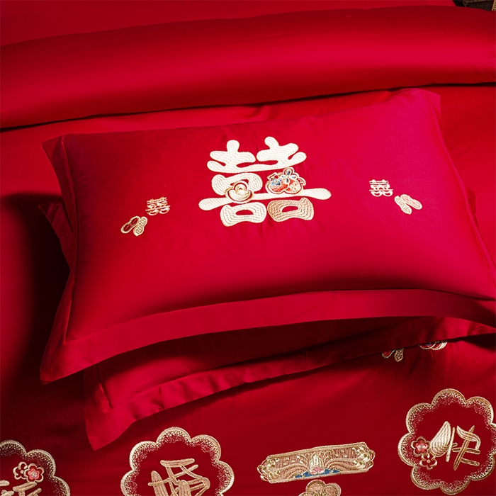 91家纺网 家纺一手货源 找家纺 用心 2025新款婚庆全棉刺绣四件套多件套系列新婚快乐