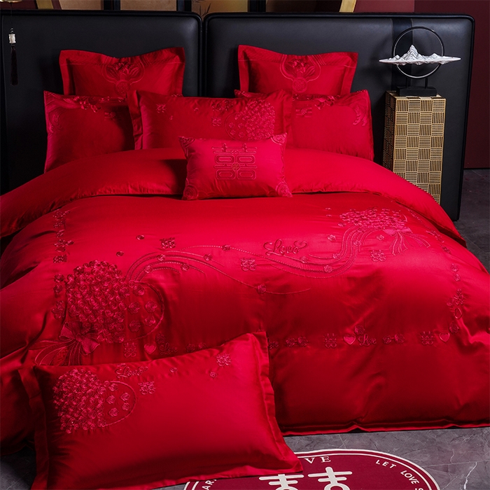 91家纺网 家纺一手货源 找家纺 用心 2025新款婚庆全棉刺绣四件套多件套系列幸福约定红