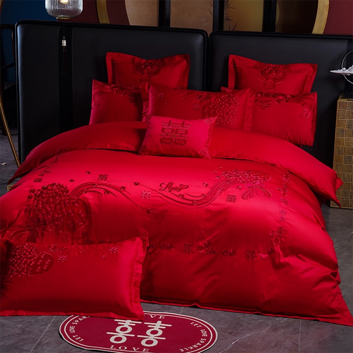 91家纺网 家纺一手货源 找家纺 用心 2025新款婚庆全棉刺绣四件套多件套系列幸福约定红