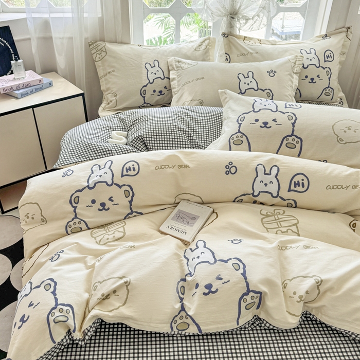 91家纺网 家纺一手货源 找家纺 金盛纺 2025新款全棉印花四件套 哇塞小熊