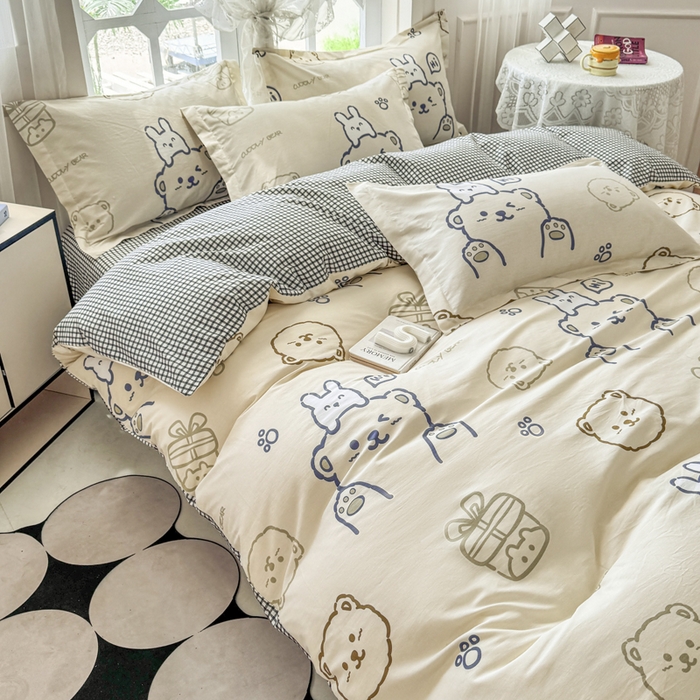 91家纺网 家纺一手货源 找家纺 金盛纺 2025新款全棉印花四件套 哇塞小熊