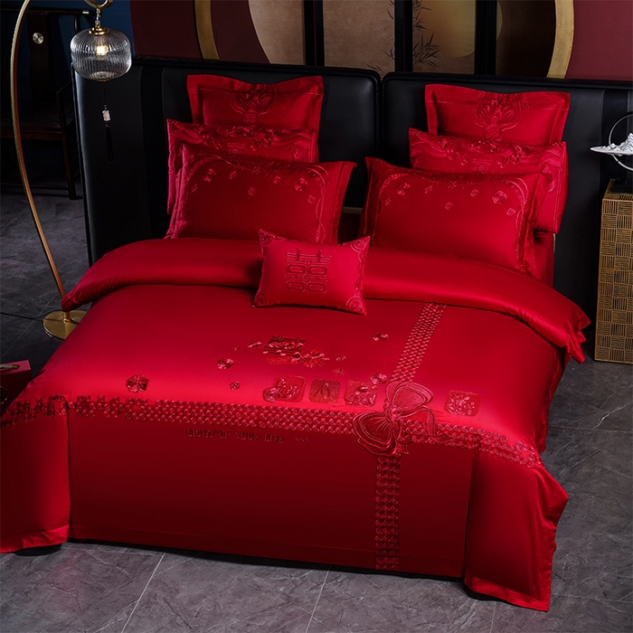 91家纺网 家纺一手货源 找家纺 用心 2025新款婚庆全棉刺绣四件套多件套系列幸福喜嫁红