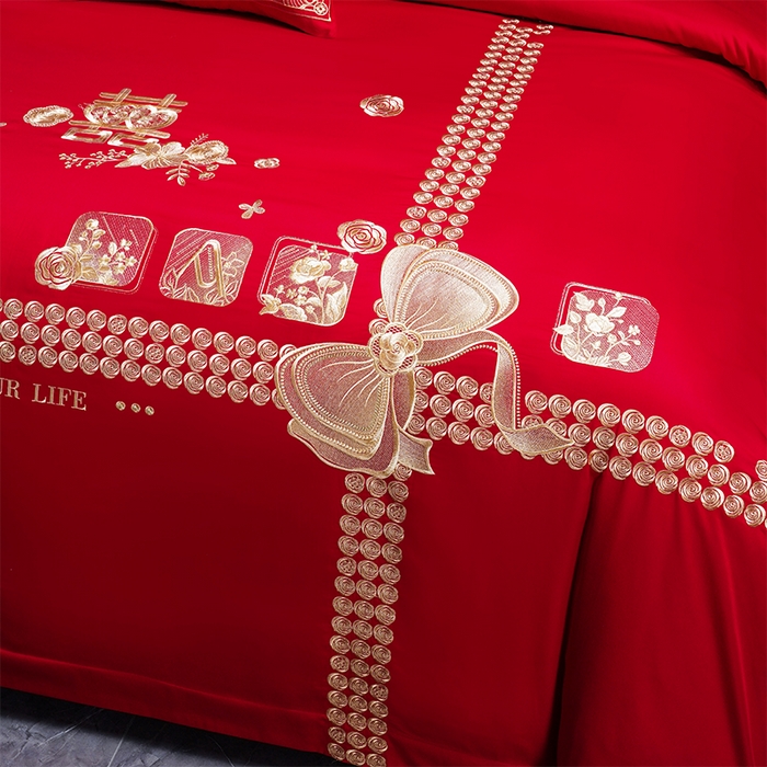 91家纺网 家纺一手货源 找家纺 用心 2025新款婚庆全棉刺绣四件套多件套系列幸福喜嫁金