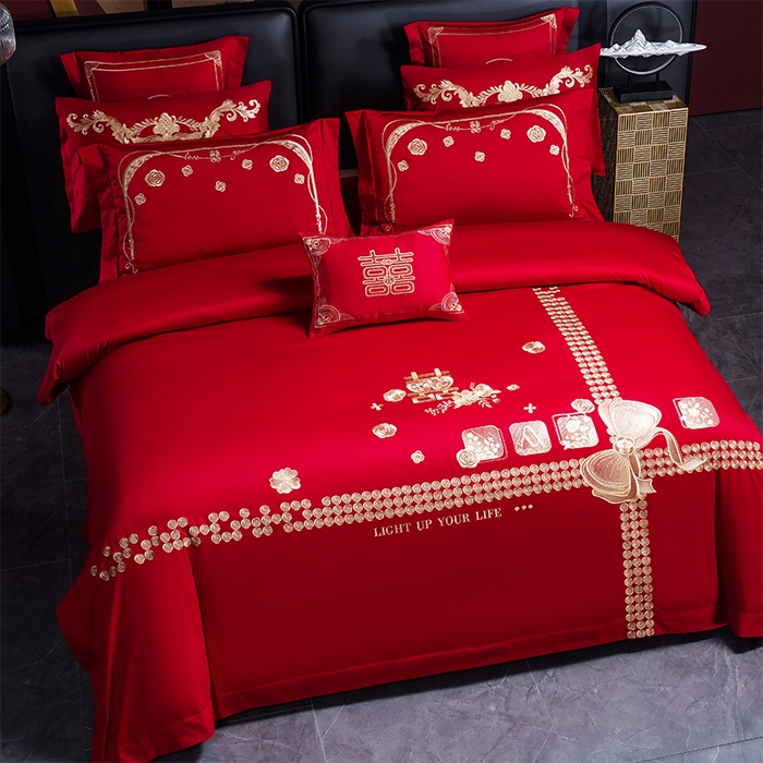 91家纺网 家纺一手货源 找家纺 用心 2025新款婚庆全棉刺绣四件套多件套系列幸福喜嫁金