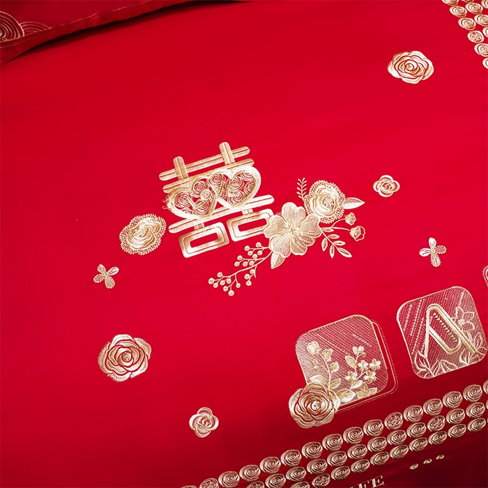 91家纺网 家纺一手货源 找家纺 用心 2025新款婚庆全棉刺绣四件套多件套系列幸福喜嫁金