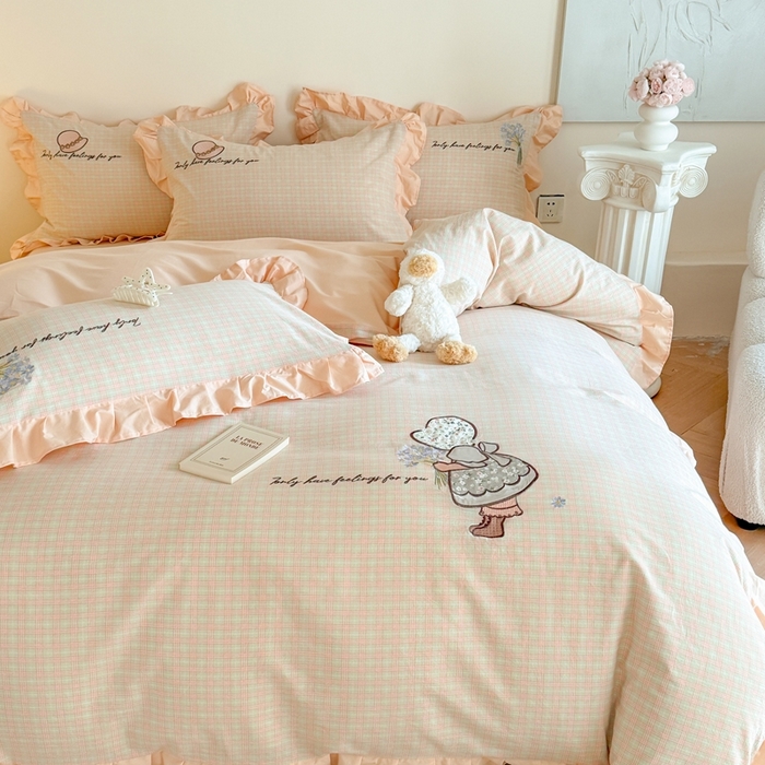 91家纺网 家纺一手货源 找家纺 （总）蜜柚 2025秋冬新款色织水洗棉贴布花边款四件套