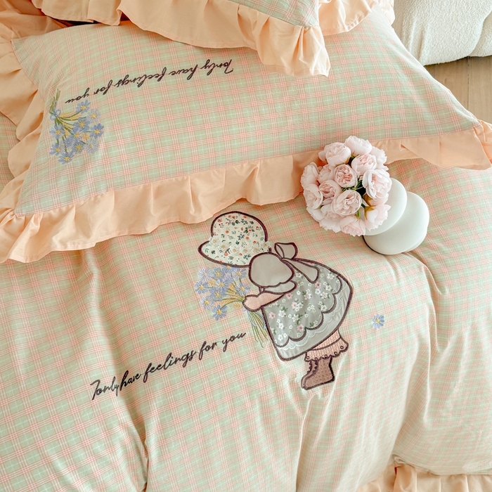 91家纺网 家纺一手货源 找家纺 （总）蜜柚 2025秋冬新款色织水洗棉贴布花边款四件套