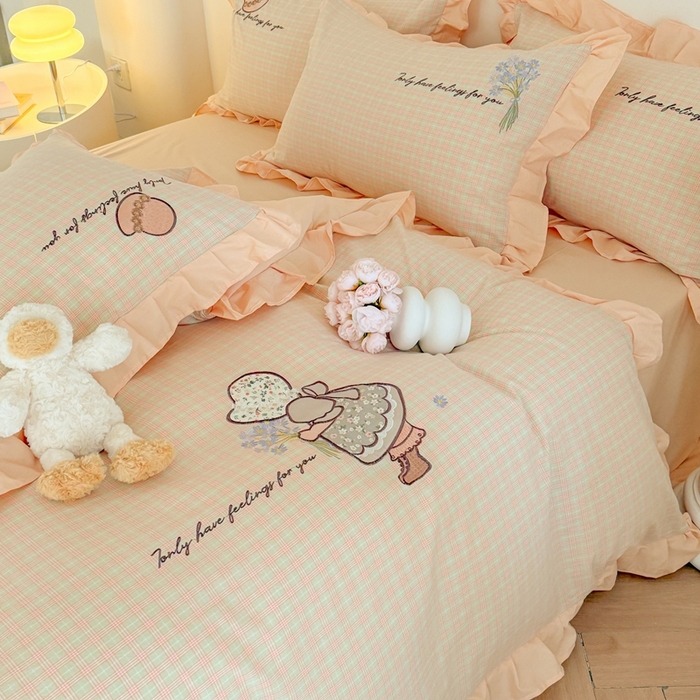 91家纺网 家纺一手货源 找家纺 （总）蜜柚 2025秋冬新款色织水洗棉贴布花边款四件套