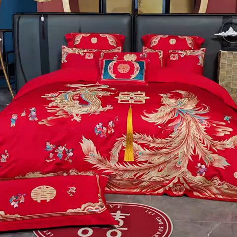 91家纺网 家纺一手货源 找家纺 用心 2025新款婚庆全棉刺绣四件套多件套系列龙凤传情