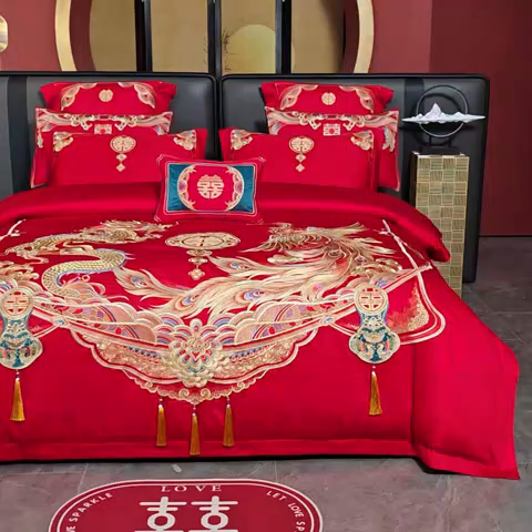 91家纺网 家纺一手货源 找家纺 用心 2025新款婚庆全棉刺绣四件套多件套系列龙凤佳人