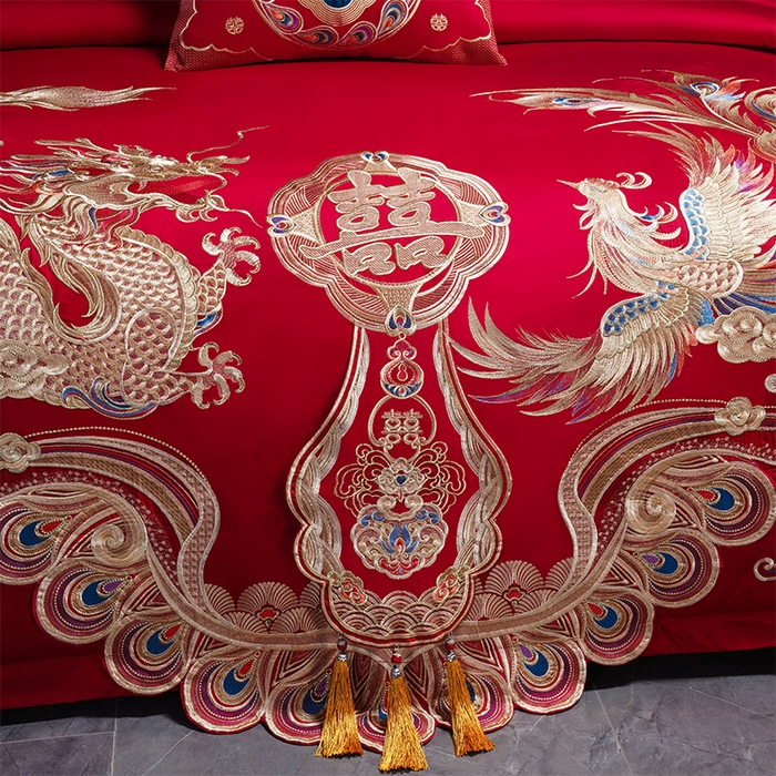 91家纺网 家纺一手货源 找家纺 用心 2025新款婚庆全棉刺绣四件套多件套系列龙凤同喜