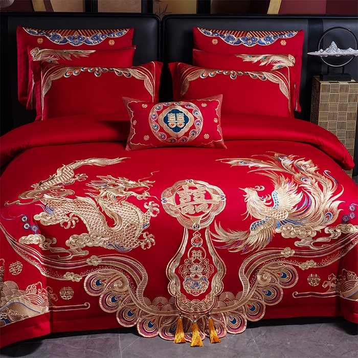 91家纺网 家纺一手货源 找家纺 用心 2025新款婚庆全棉刺绣四件套多件套系列龙凤同喜