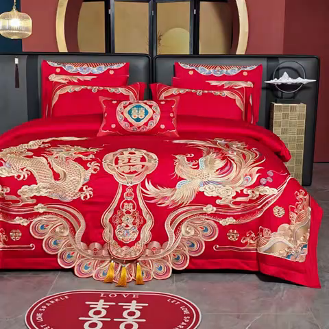 91家纺网 家纺一手货源 找家纺 用心 2025新款婚庆全棉刺绣四件套多件套系列龙凤同喜