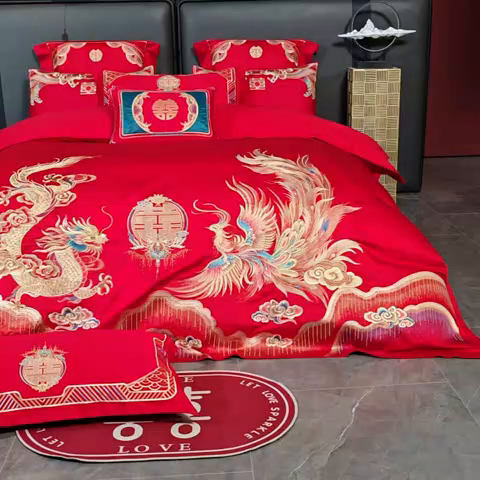 91家纺网 家纺一手货源 找家纺 用心 2025新款婚庆全棉刺绣四件套多件套系列美人龙凤