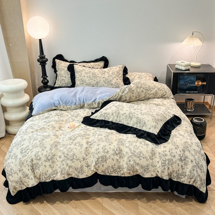 91家纺网 家纺一手货源 找家纺 （总）金爱家 2025新款赫本风灯芯绒-花边款四件套