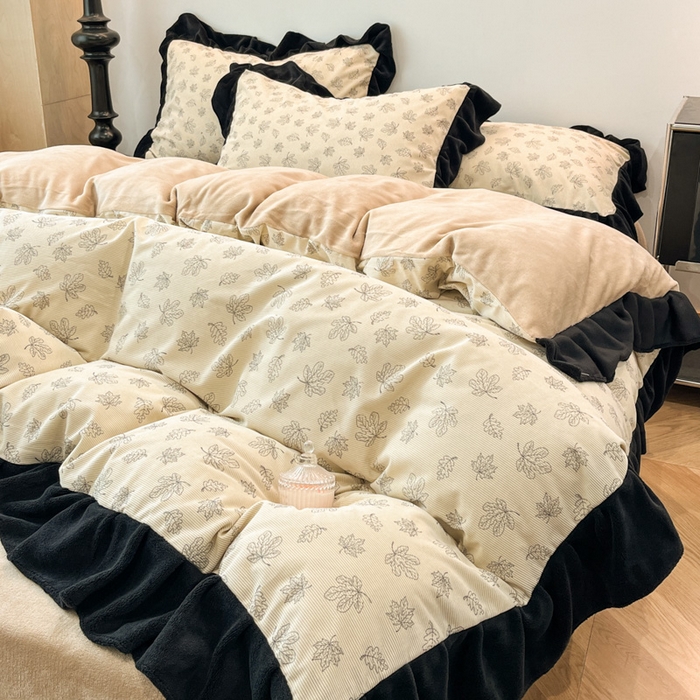 91家纺网 家纺一手货源 找家纺 金爱家 2025新款赫本风灯芯绒-花边款四件套 灯芯绒-繁花