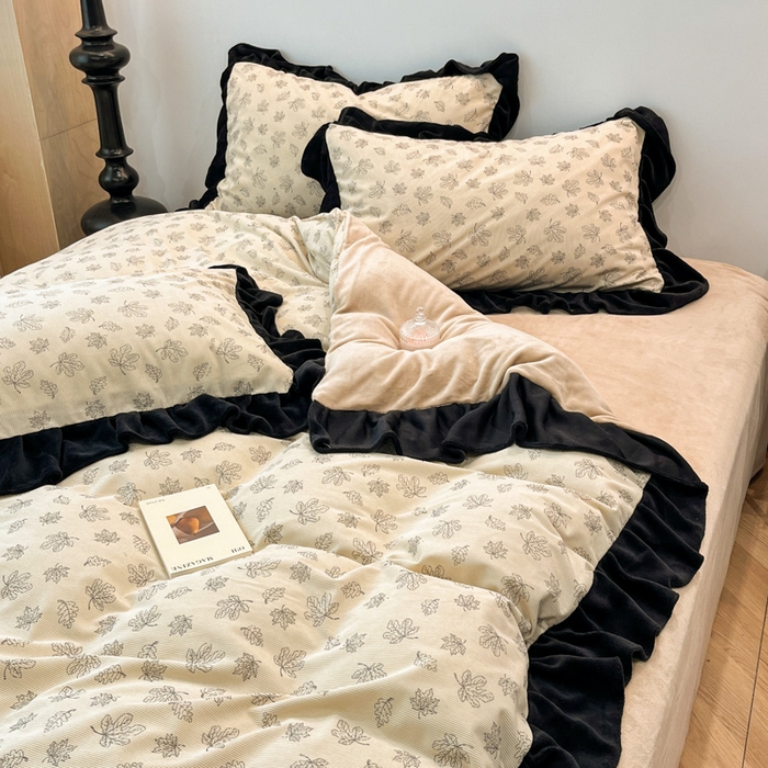 91家纺网 家纺一手货源 找家纺 金爱家 2025新款赫本风灯芯绒-花边款四件套 灯芯绒-繁花