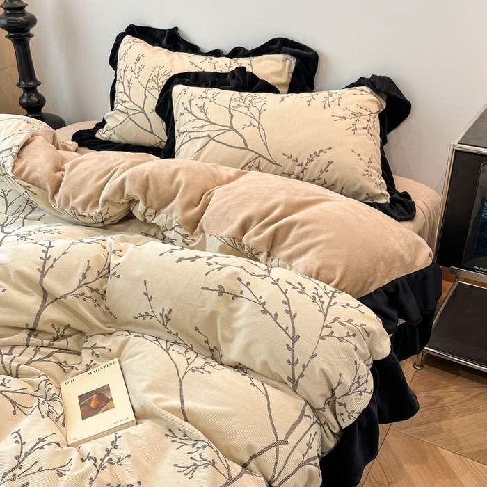 91家纺网 家纺一手货源 找家纺 金爱家 2025新款赫本风灯芯绒-花边款四件套 灯芯绒-花枝