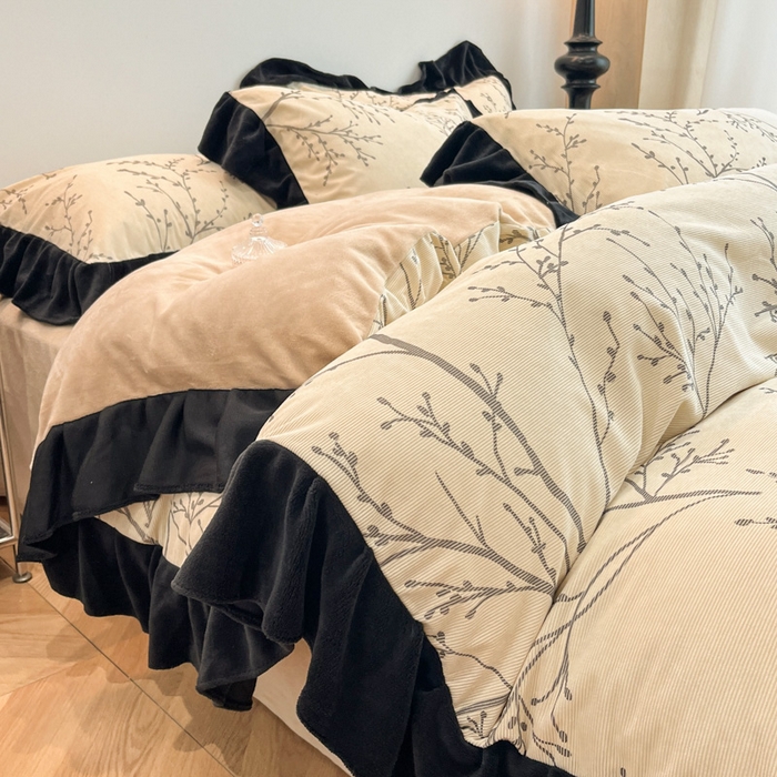 91家纺网 家纺一手货源 找家纺 金爱家 2025新款赫本风灯芯绒-花边款四件套 灯芯绒-花枝