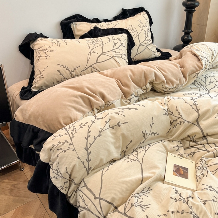 91家纺网 家纺一手货源 找家纺 金爱家 2025新款赫本风灯芯绒-花边款四件套 灯芯绒-花枝