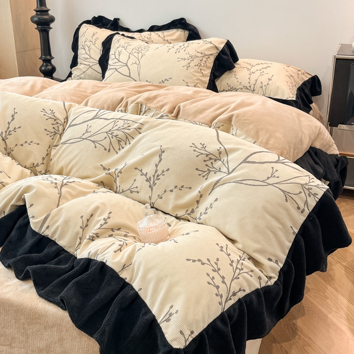 91家纺网 家纺一手货源 找家纺 金爱家 2025新款赫本风灯芯绒-花边款四件套 灯芯绒-花枝