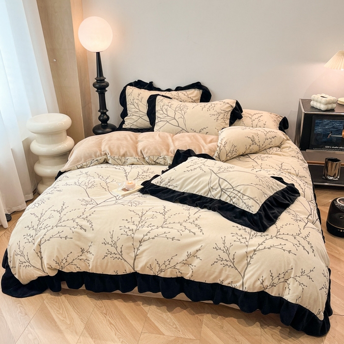 91家纺网 家纺一手货源 找家纺 金爱家 2025新款赫本风灯芯绒-花边款四件套 灯芯绒-花枝