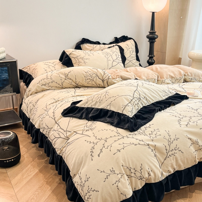 91家纺网 家纺一手货源 找家纺 金爱家 2025新款赫本风灯芯绒-花边款四件套 灯芯绒-花枝