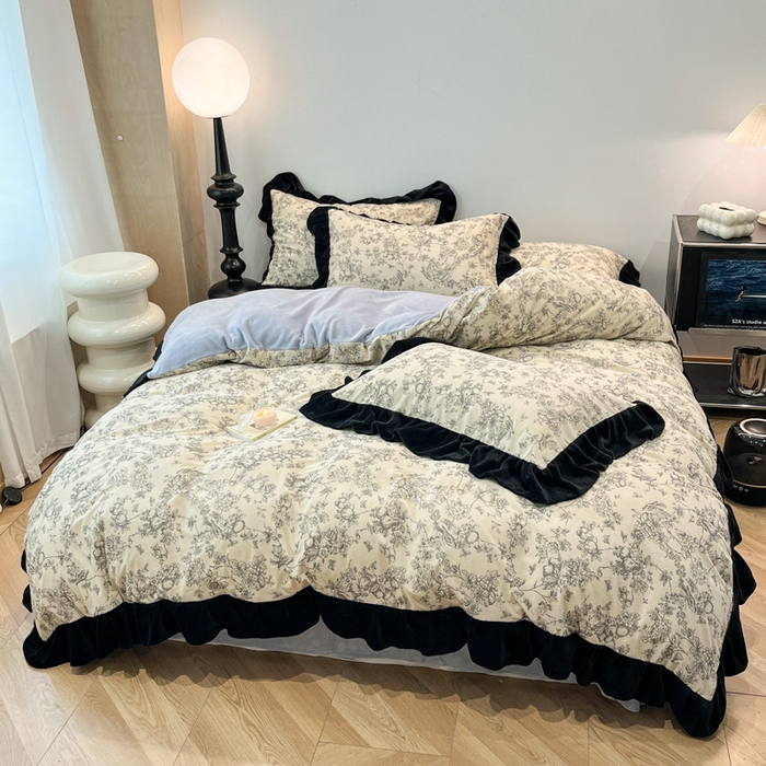 91家纺网 家纺一手货源 找家纺 金爱家 2025新款赫本风灯芯绒-花边款四件套 灯芯绒-澜花