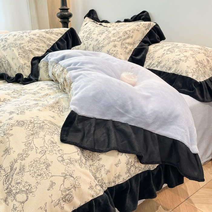 91家纺网 家纺一手货源 找家纺 金爱家 2025新款赫本风灯芯绒-花边款四件套 灯芯绒-澜花