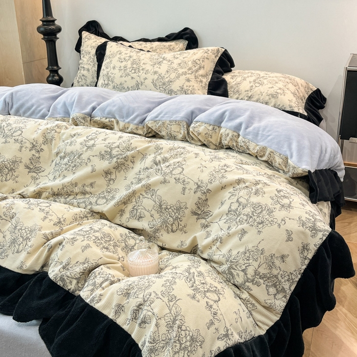 91家纺网 家纺一手货源 找家纺 金爱家 2025新款赫本风灯芯绒-花边款四件套 灯芯绒-澜花