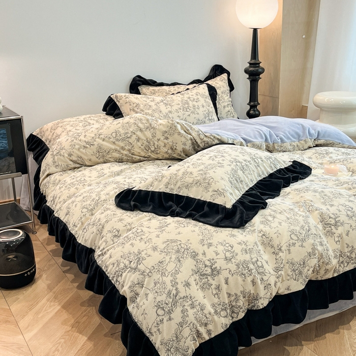 91家纺网 家纺一手货源 找家纺 金爱家 2025新款赫本风灯芯绒-花边款四件套 灯芯绒-澜花