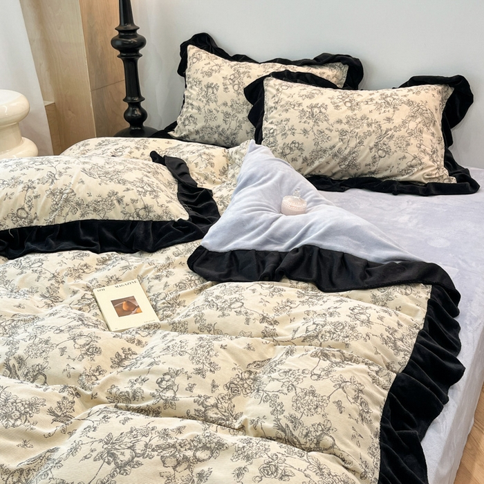 91家纺网 家纺一手货源 找家纺 金爱家 2025新款赫本风灯芯绒-花边款四件套 灯芯绒-澜花