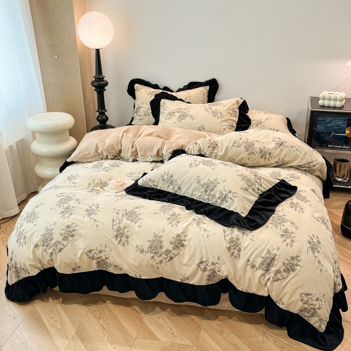 91家纺网 家纺一手货源 找家纺 金爱家 2025新款赫本风灯芯绒-花边款四件套 灯芯绒-牡丹