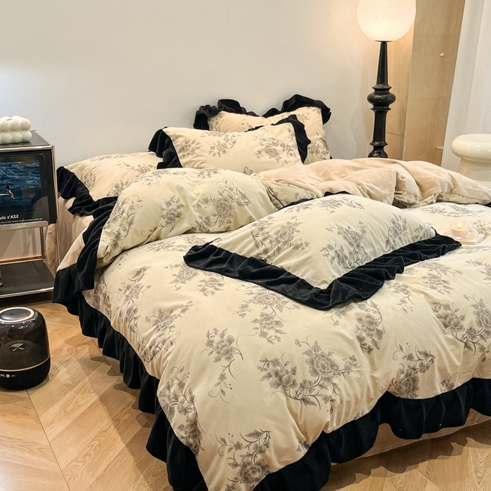 91家纺网 家纺一手货源 找家纺 金爱家 2025新款赫本风灯芯绒-花边款四件套 灯芯绒-牡丹