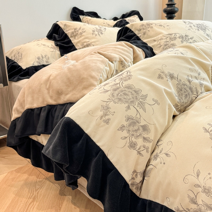 91家纺网 家纺一手货源 找家纺 金爱家 2025新款赫本风灯芯绒-花边款四件套 灯芯绒-牡丹