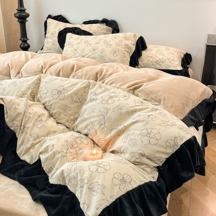 91家纺网 家纺一手货源 找家纺 金爱家 2025新款赫本风灯芯绒-花边款四件套 灯芯绒-盛开