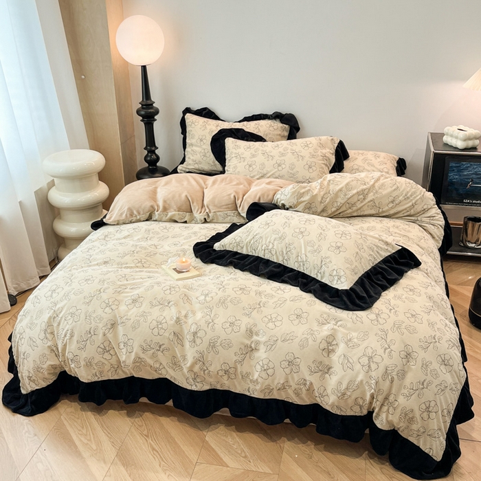 91家纺网 家纺一手货源 找家纺 金爱家 2025新款赫本风灯芯绒-花边款四件套 灯芯绒-盛开