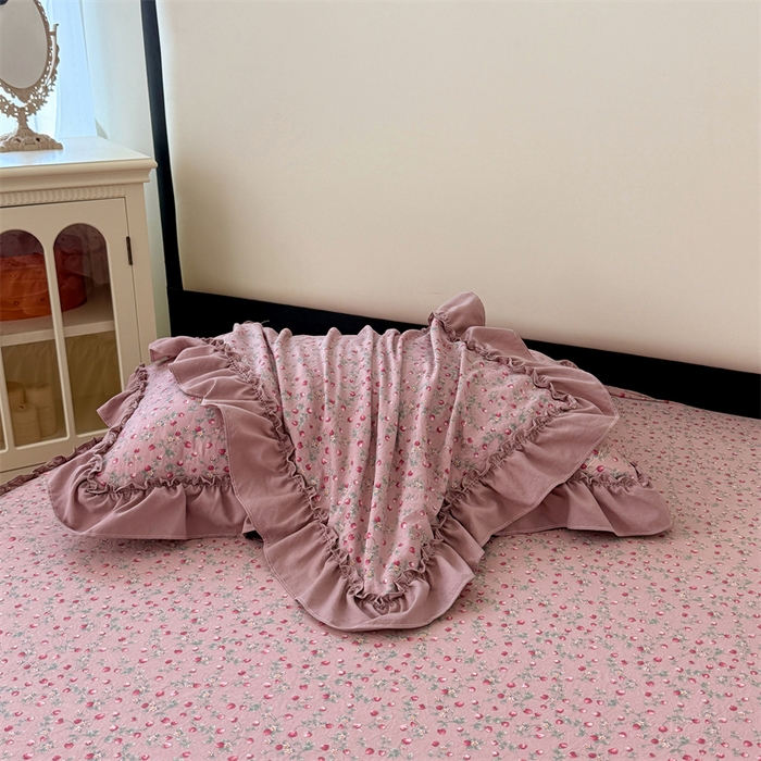 91家纺网 家纺一手货源 找家纺 梦舒羽 2025新款水洗珍珠棉花边枕套宿舍单人学生一对装枕芯内胆套 樱桃季