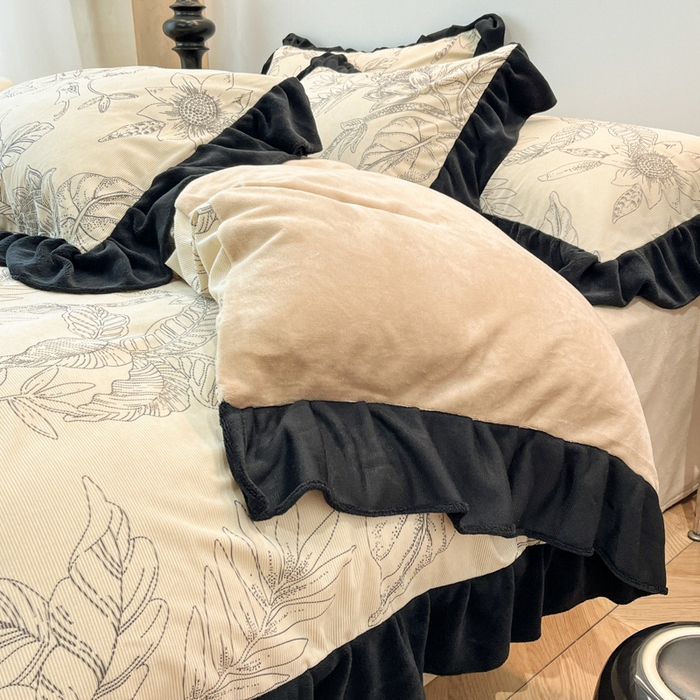 91家纺网 家纺一手货源 找家纺 金爱家 2025新款赫本风灯芯绒-花边款四件套 灯芯绒-枝叶