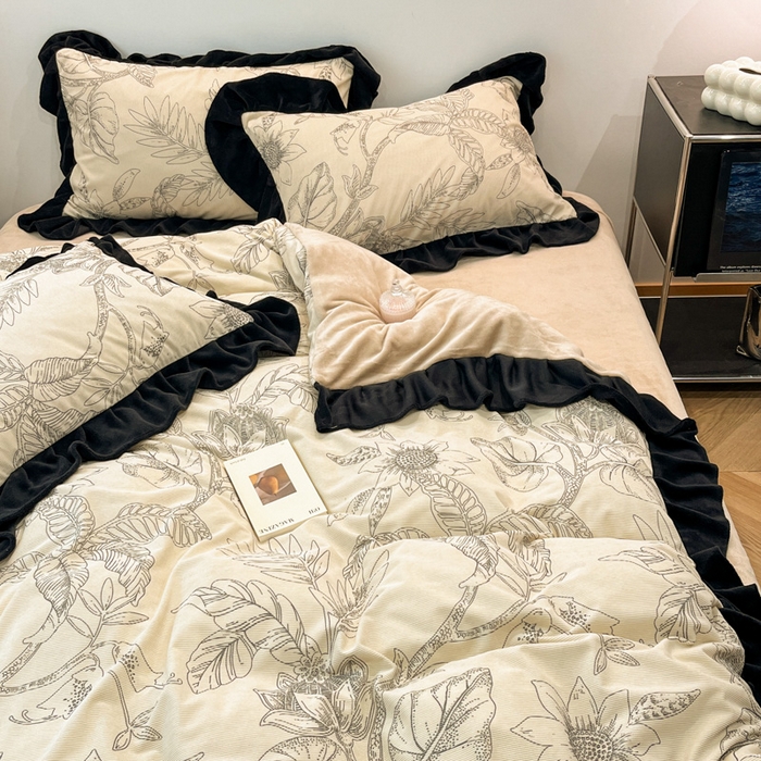 91家纺网 家纺一手货源 找家纺 金爱家 2025新款赫本风灯芯绒-花边款四件套 灯芯绒-枝叶