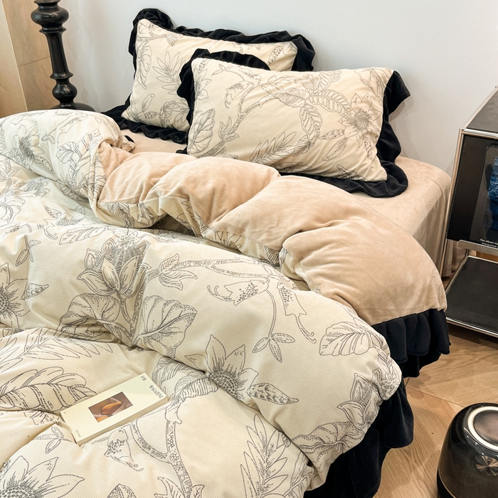 91家纺网 家纺一手货源 找家纺 金爱家 2025新款赫本风灯芯绒-花边款四件套 灯芯绒-枝叶