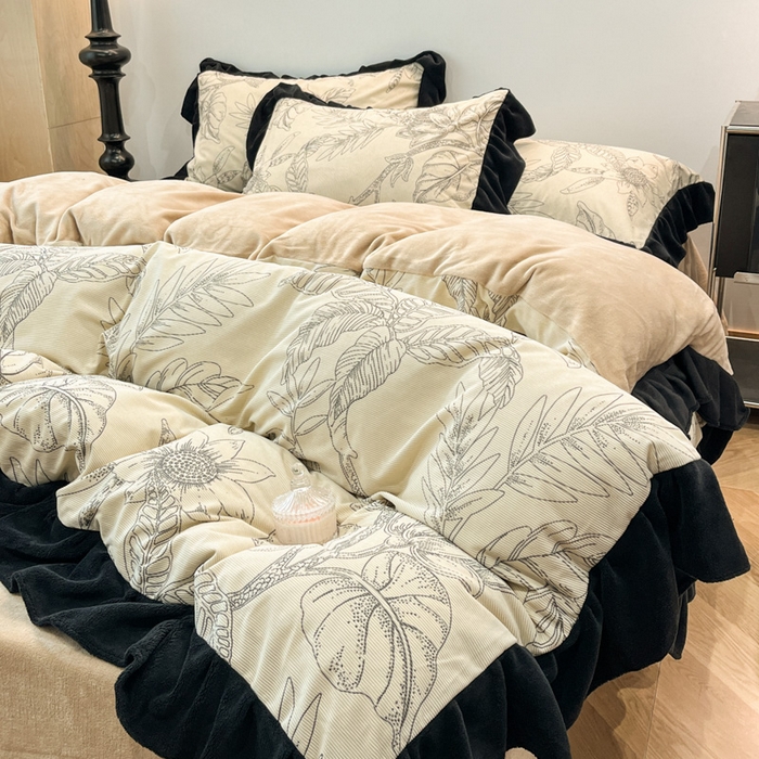 91家纺网 家纺一手货源 找家纺 金爱家 2025新款赫本风灯芯绒-花边款四件套 灯芯绒-枝叶