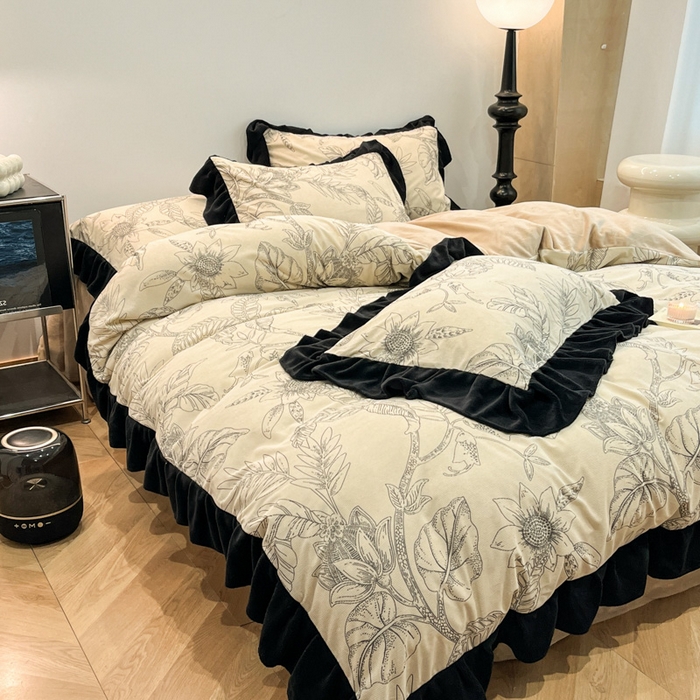 91家纺网 家纺一手货源 找家纺 金爱家 2025新款赫本风灯芯绒-花边款四件套 灯芯绒-枝叶