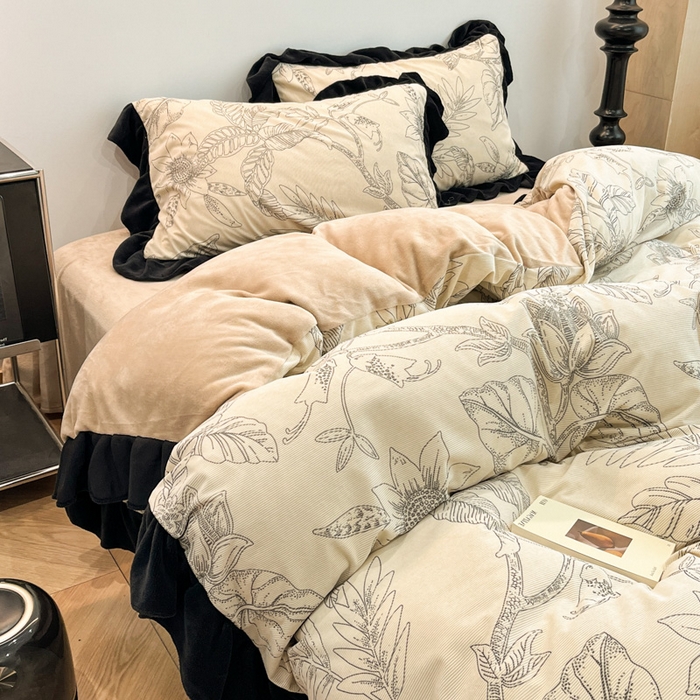 91家纺网 家纺一手货源 找家纺 金爱家 2025新款赫本风灯芯绒-花边款四件套 灯芯绒-枝叶