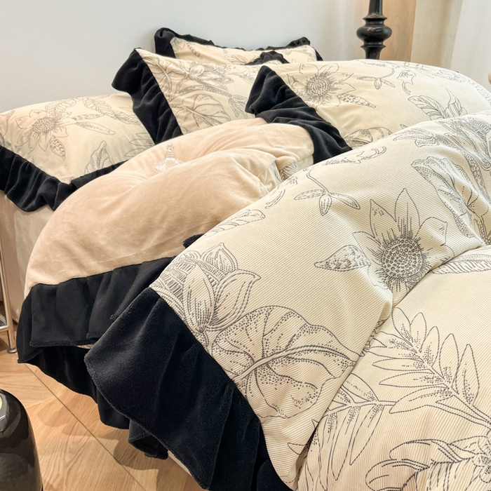 91家纺网 家纺一手货源 找家纺 金爱家 2025新款赫本风灯芯绒-花边款四件套 灯芯绒-枝叶