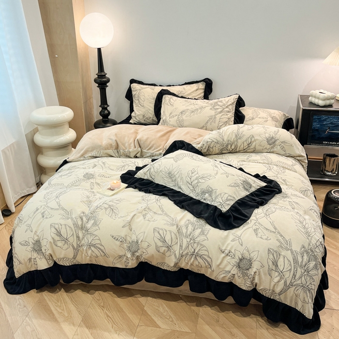 91家纺网 家纺一手货源 找家纺 金爱家 2025新款赫本风灯芯绒-花边款四件套 灯芯绒-枝叶