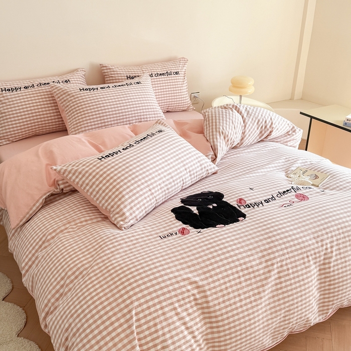 91家纺网 家纺一手货源 找家纺 （总）蜜柚 2025秋冬新款全棉水洗棉格子贴布绣四件套